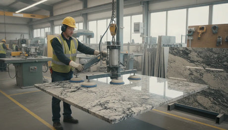 Stone fabrication professional operating a vacuum lifter to safely handle a granite slab in an industrial workshop