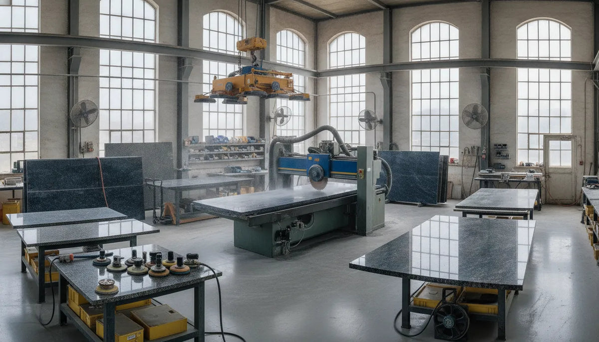 Professional stone fabrication workshop with bridge saw cutting granite countertop slab