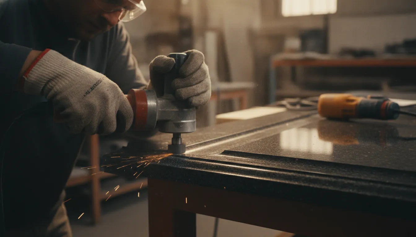 Diamond router bit profiling a granite countertop edge in a stone fabrication workshop