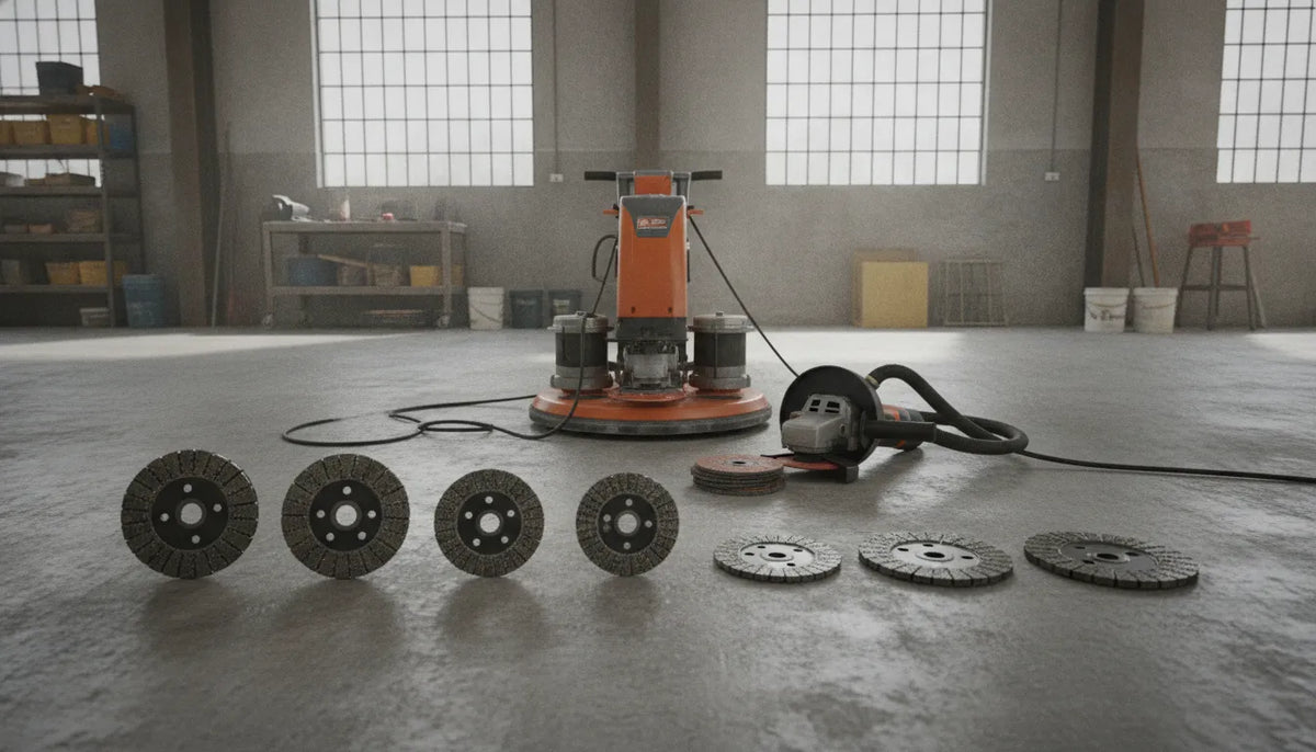 Concrete grinding tools including diamond cup wheel, angle grinder, and walk-behind floor grinder in industrial setting