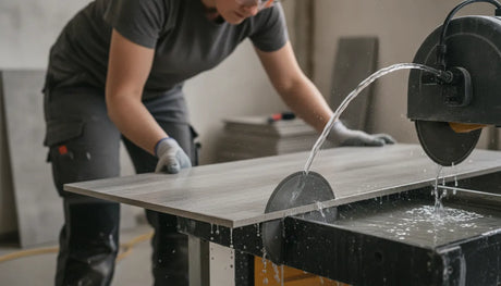 Tile installer making a precise wet saw cut with a diamond tile saw blade