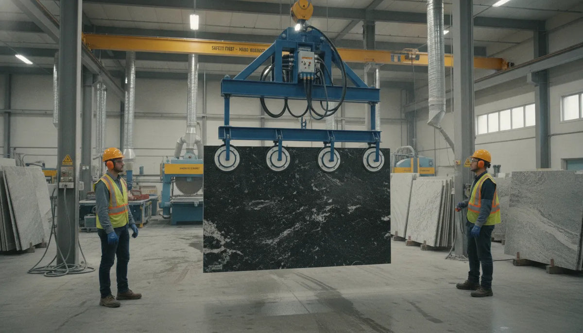 Vacuum lifter gripping a granite slab in a stone fabrication shop