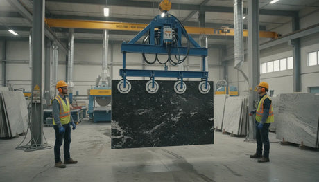 Vacuum lifter gripping a granite slab in a stone fabrication shop