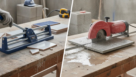 Wet saw vs manual tile cutter comparison on a construction workbench
