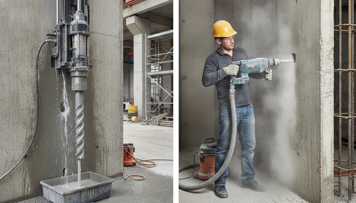 Comparison of wet and dry diamond core bits cutting through concrete block in industrial setting
