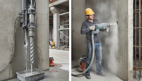 Comparison of wet and dry diamond core bits cutting through concrete block in industrial setting