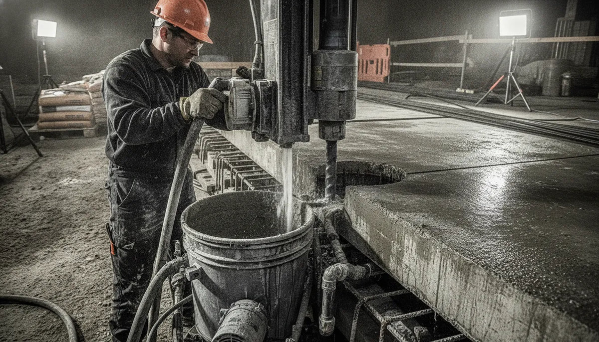 Diamond core drill working through concrete with wet cooling