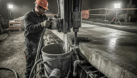 Diamond core drill working through concrete with wet cooling