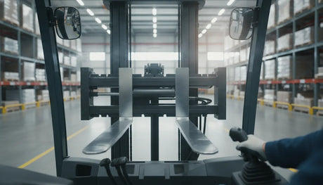 Forklift operator adjusting a hydraulic fork positioner to a new fork spacing from inside the cab