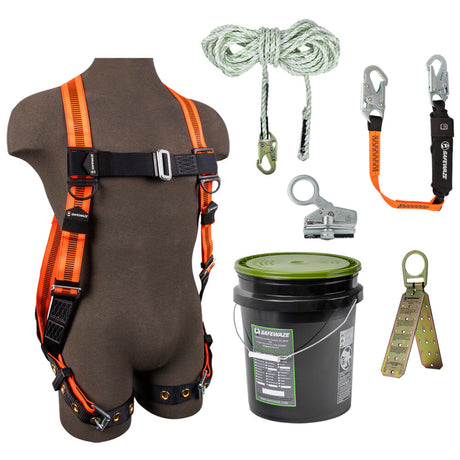 V-Line Bucket Roof Kit: FS99185-E Harness, FS700-50 VLL, FS1118-DC Grab, FS88560-E3 Lanyard, FS870 Anchor Safewaze
