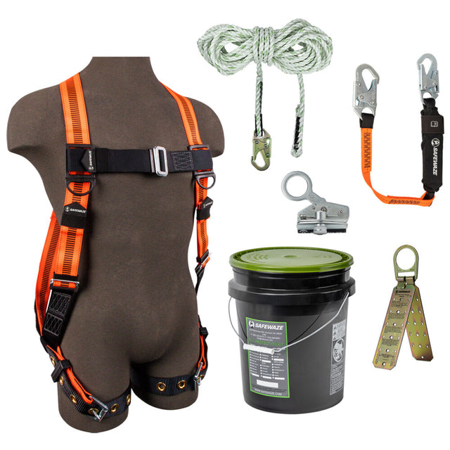 V-Line Bucket Roof Kit: FS99185-E Harness, FS700-50 VLL, FS1118-DC Grab, FS88560-E3 Lanyard, FS870 Anchor Safewaze