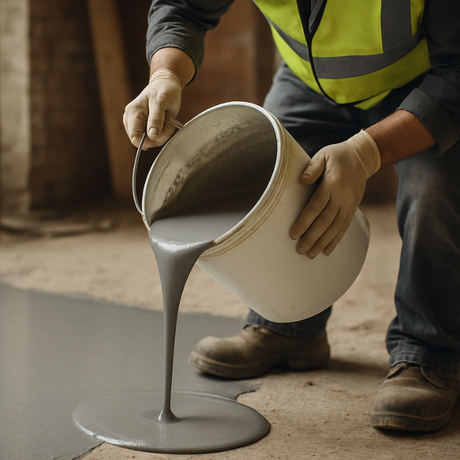 Person pouring gray concrete into a pan on a construction site