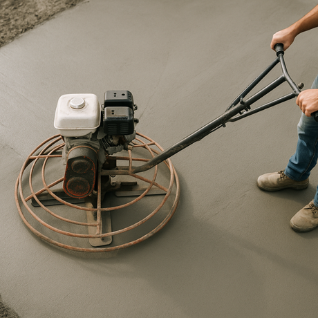 Person using a concrete finisher on a newly poured concrete floor.