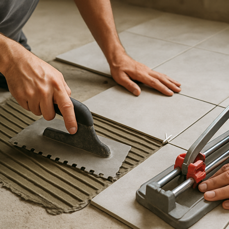 Person installing tiles with a trowel and tile cutter on a tiled floor.