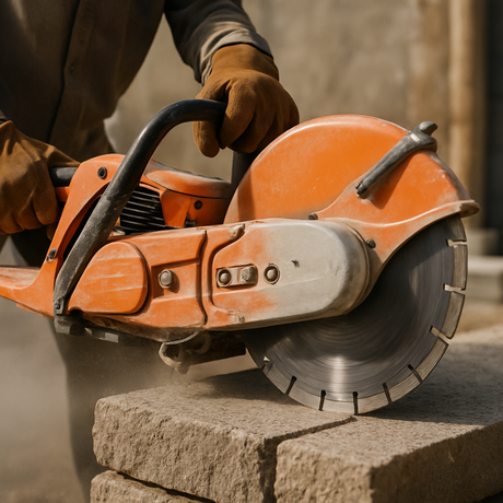 Person using a circular saw to cut stone with a blurred background