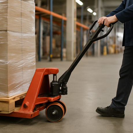 Person using a pallet jack to move a pallet of boxes in a warehouse.