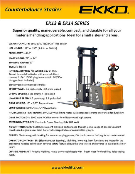 Counterbalanced Walkie Stacker 3,300 lb with 118" Lift Height EKKO