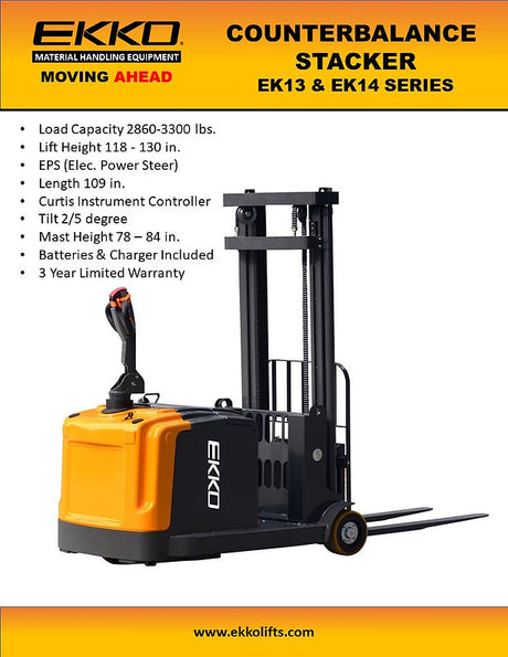 Counterbalanced Walkie Stacker - 130" Lift with 3,300 lb EKKO