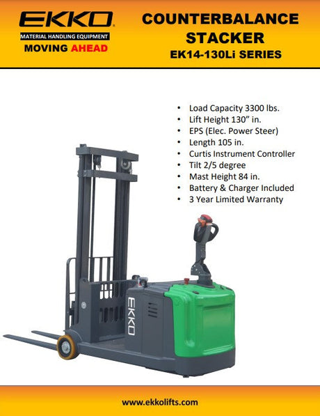 Lithium Counterbalanced Walkie Stacker with Side-Shifting - 3,300 lb Capacity, 130" Lift Height EKKO