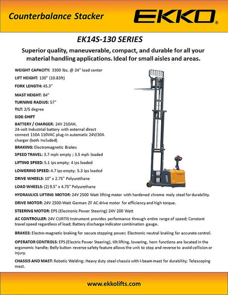 Counterbalanced Walkie Stacker with Side-Shifting - 130" Lift Height EKKO