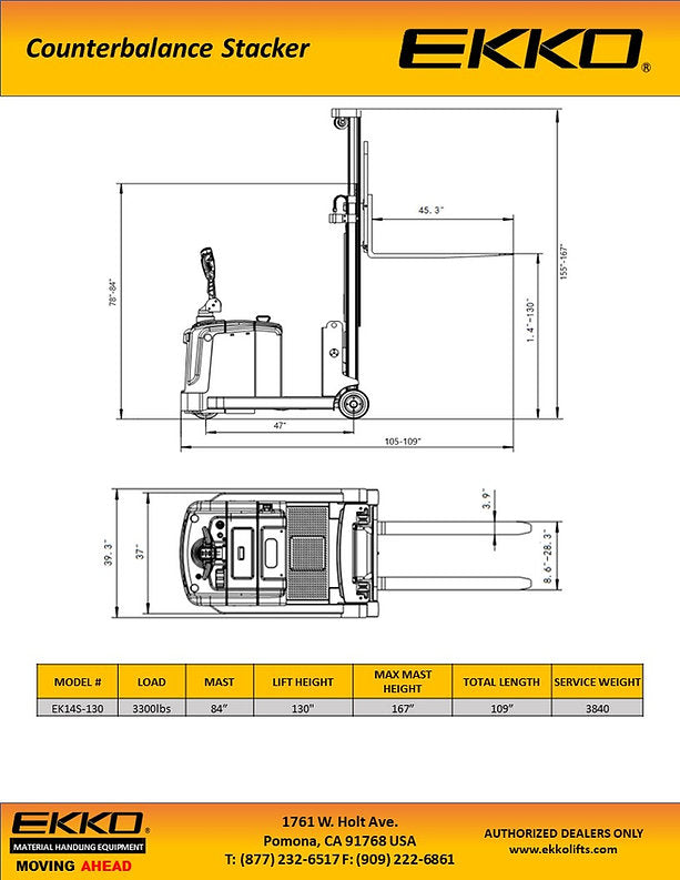 Counterbalanced Walkie Stacker with Side-Shifting - 130" Lift Height EKKO