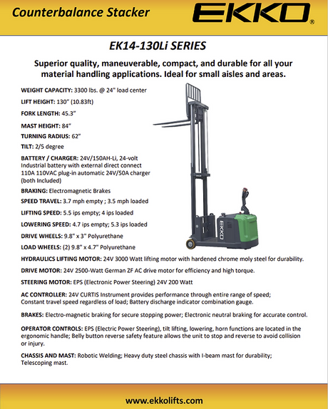 Lithium Powered Counterbalanced Walkie Stacker - 3,300 lb Capacity, 130" Lift Height EKKO