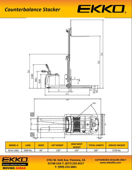 Lithium Counterbalanced Walkie Stacker with Side-Shifting - 3,300 lb Capacity, 130" Lift Height EKKO