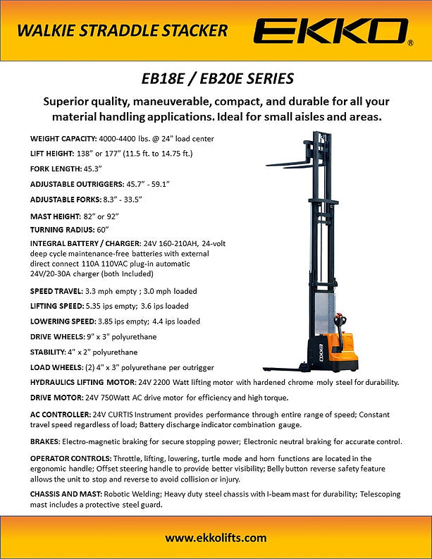 Full Powered Electric Straddle Stacker EB18E 138" Lift Height EKKO
