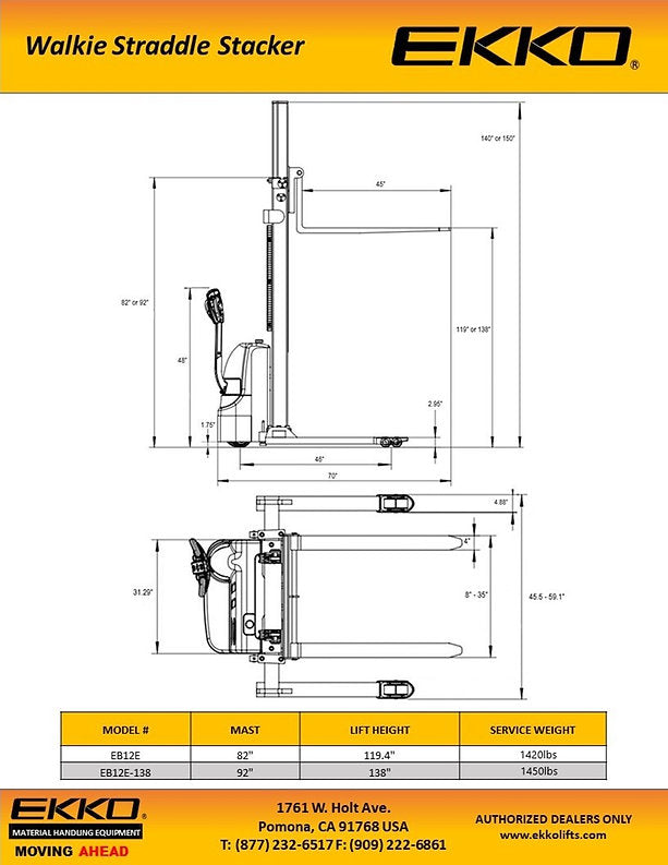Full Powered Electric Straddle Stacker - 2,640 lb Capacity at 138" Lift Height EKKO