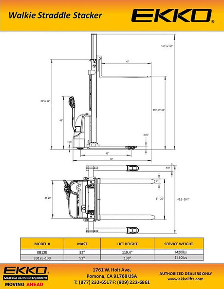 Full Powered Electric Straddle Stacker - 2,640 lb Capacity at 138" Lift Height EKKO