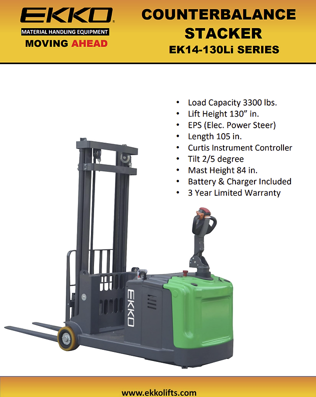 Lithium Powered Counterbalanced Walkie Stacker - 3,300 lb Capacity, 130" Lift Height EKKO