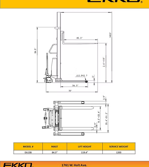 Semi-Electric Straddle Stacker, 3,300 lb Capacity with 119.4" Power Lift EKKO