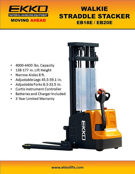 Full Powered Electric Straddle Stacker EB18E 138" Lift Height EKKO