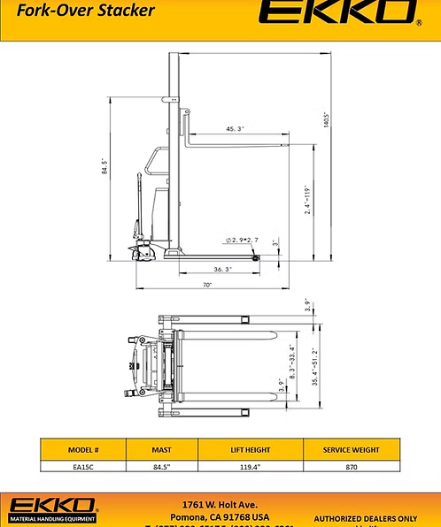 Semi-Electric Fork-Over Stacker with 119.3" Lift Height EKKO
