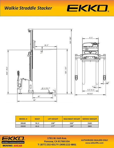 Full Powered Electric Straddle Stacker EB18E 138" Lift Height EKKO