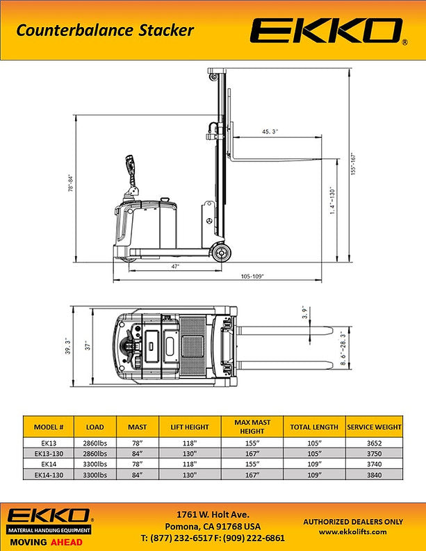 Counterbalanced Walkie Stacker - 130" Lift with 3,300 lb EKKO
