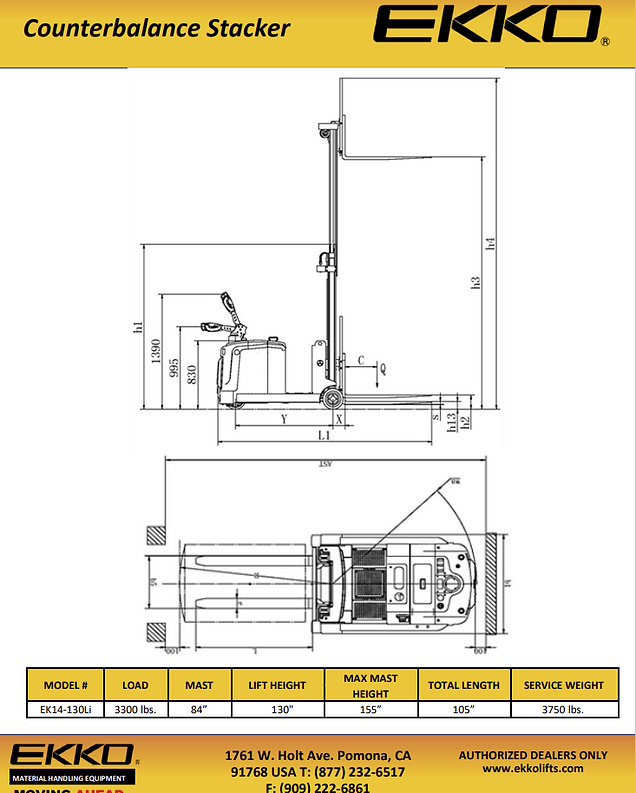 Lithium Powered Counterbalanced Walkie Stacker - 3,300 lb Capacity, 130" Lift Height EKKO