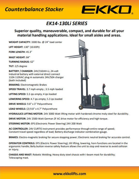 Lithium Counterbalanced Walkie Stacker with Side-Shifting - 3,300 lb Capacity, 130" Lift Height EKKO