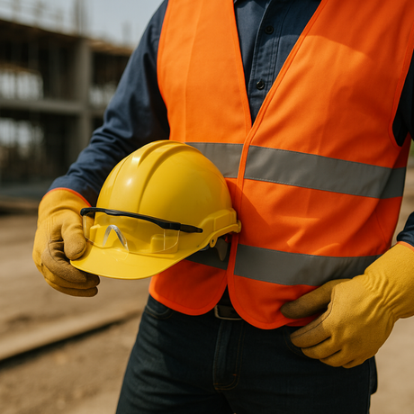 Person wearing an orange safety vest and yellow hard hat on a construction site