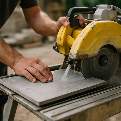 Person using a wet saw to cut a stone slab with water being sprayed.