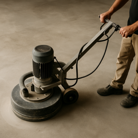 Person using a concrete grinder on a floor