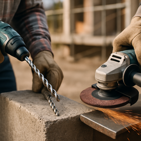 Person using a drill and angle grinder on a concrete block with sparks flying.