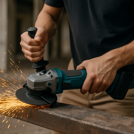 Person using a angle grinder with sparks flying, likely for metalworking.