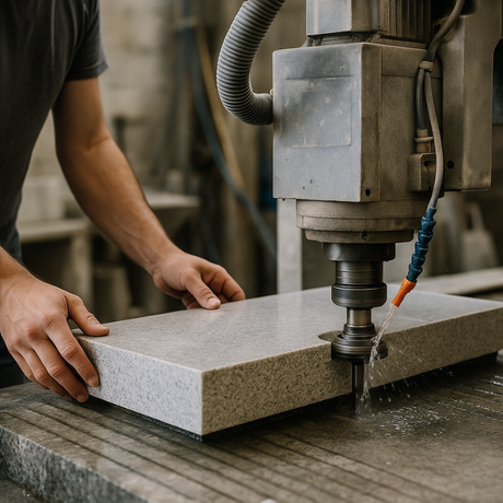 Person using a stone router to work on a stone block with water being sprayed.