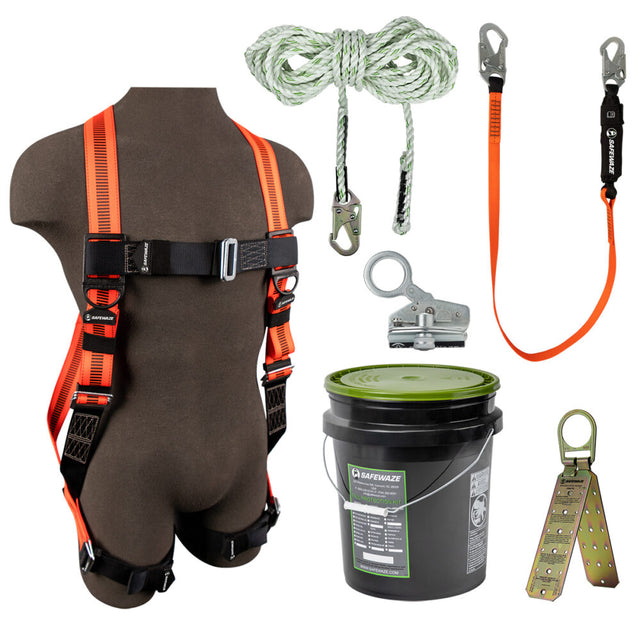 V-Line Bucket Roof Kit: FS99280-E Harness, FS700-50 VLL, FS1118-DC Grab, FS88560-E Lanyard, FS870 Anchor Safewaze
