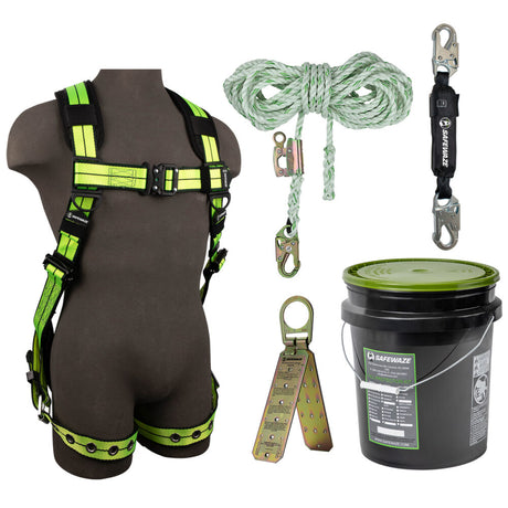 PRO+ Bucket Roof Kit: FS-FLEX185 Harness, FS700-50GA VLL, FS8800SP-H Absorber, FS870 Anchor Safewaze