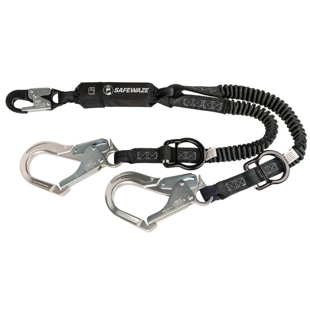 PRO 6′ Stretch Energy Absorbing Lanyard: 12′ FF Dual Leg, Alu Rebar Hooks, Rescue Rings Safewaze
