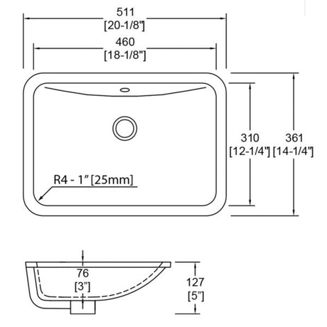 18″ x 12″ Porcelain Undermount Rectangle Lavatory Sink Dakota Sinks