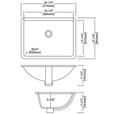 18×13 Porcelain Undermount Rectangle Lavatory Sink Dakota Sinks