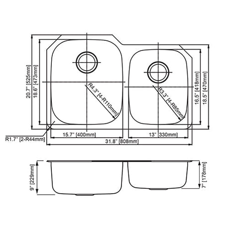 18g Standard Radius 60/40 Offset Double Bowl Undermount Stainless Steel Kitchen Sink Dakota Sinks
